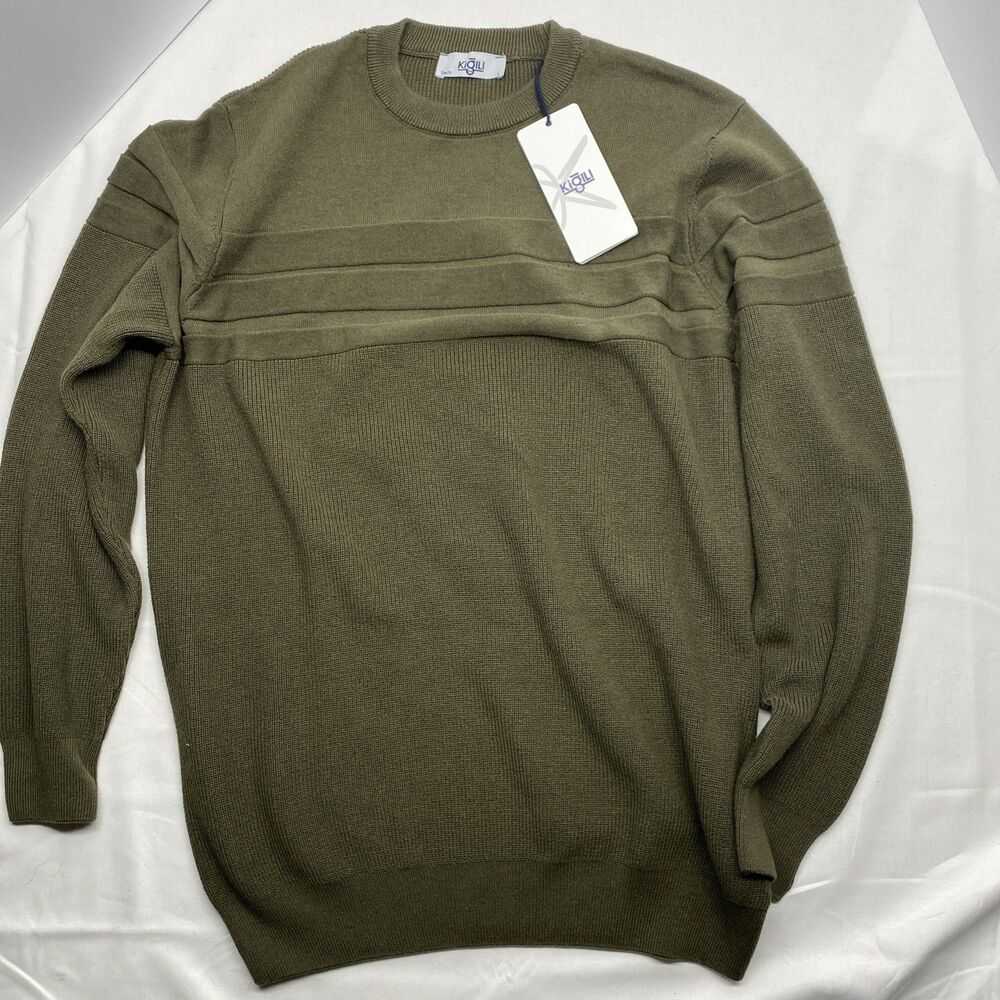 Kigili L Olive Green Crewneck Sweater Textured Knit Modern Casual NWT